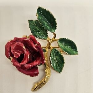 Ledo Rose Enamel Flower Brooch Pin 1963 Signed Red Green